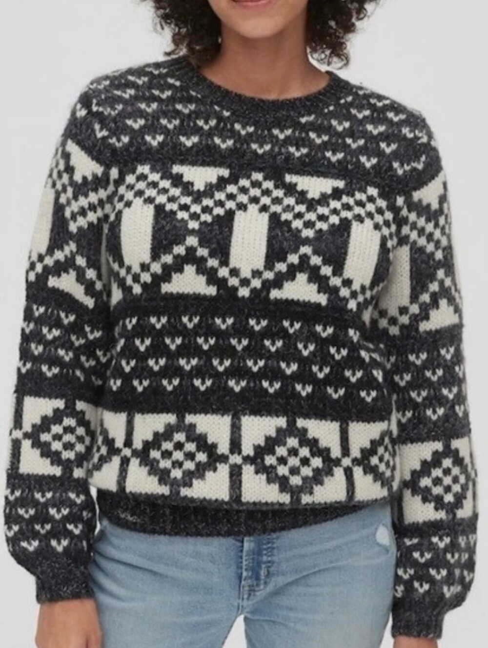 GAP Charcoal Gray White Fair Isle Wool Alpaca Crewneck Sweater Womens Medium